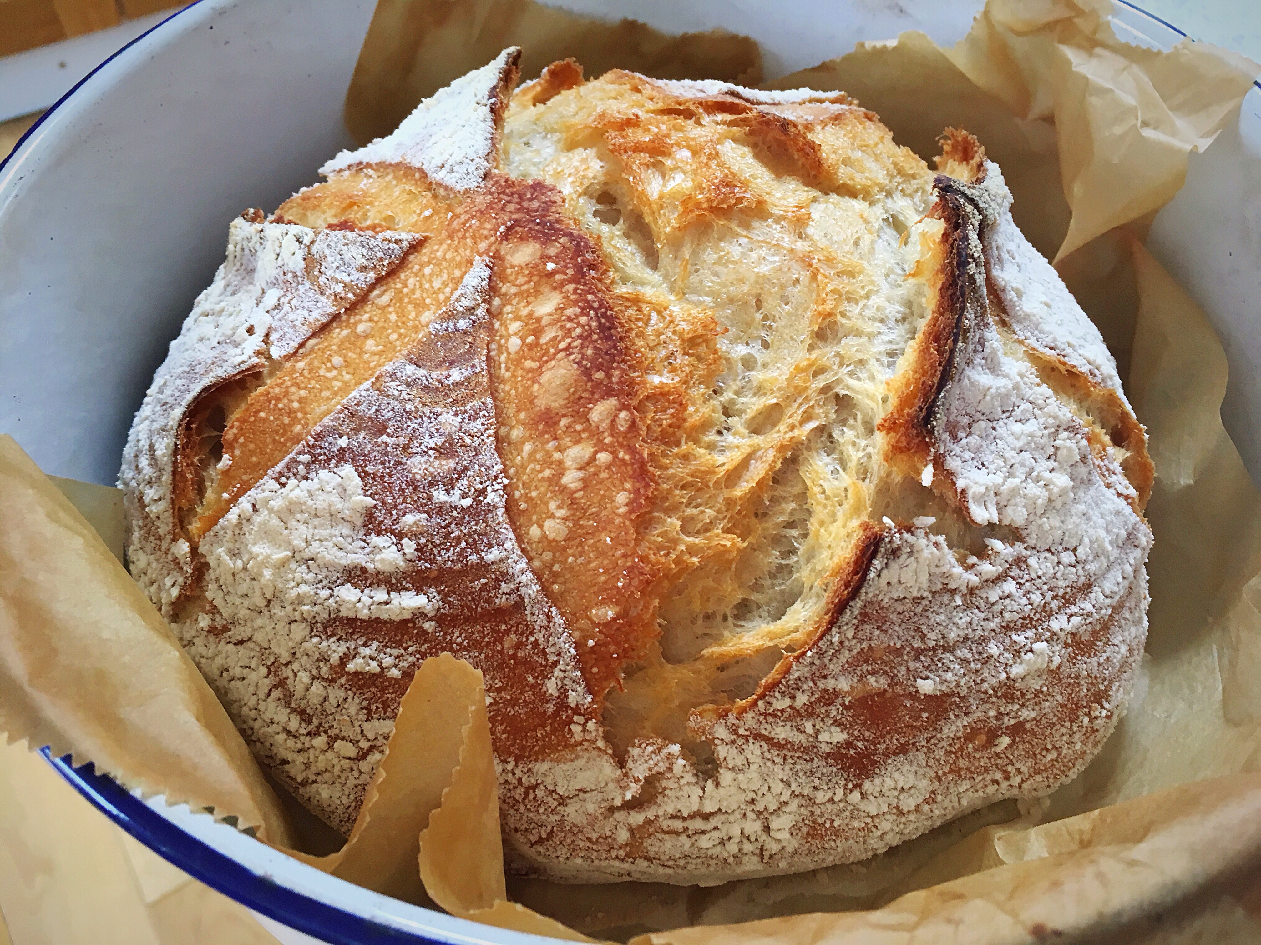 A loaf of bread in a bowl with some type of crust.