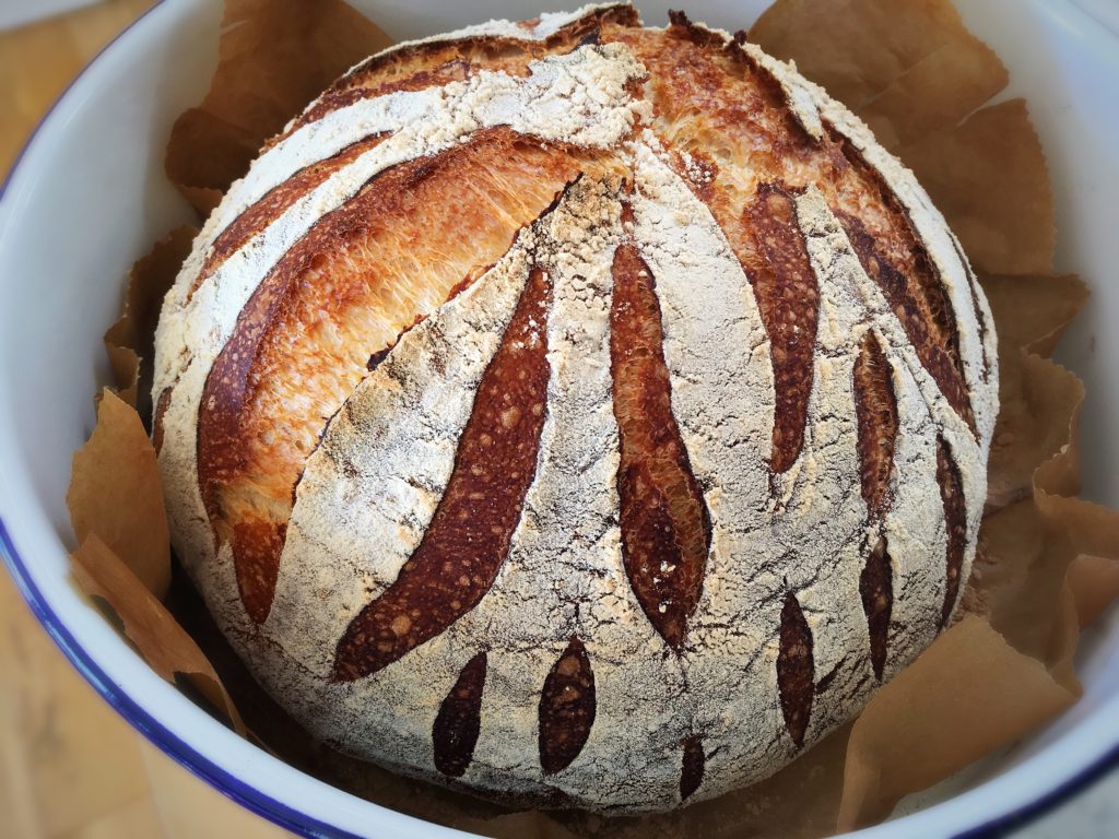 A loaf of bread in a bowl on the table.