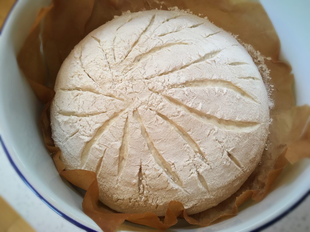 A round cheese sitting in a bowl of wax paper.