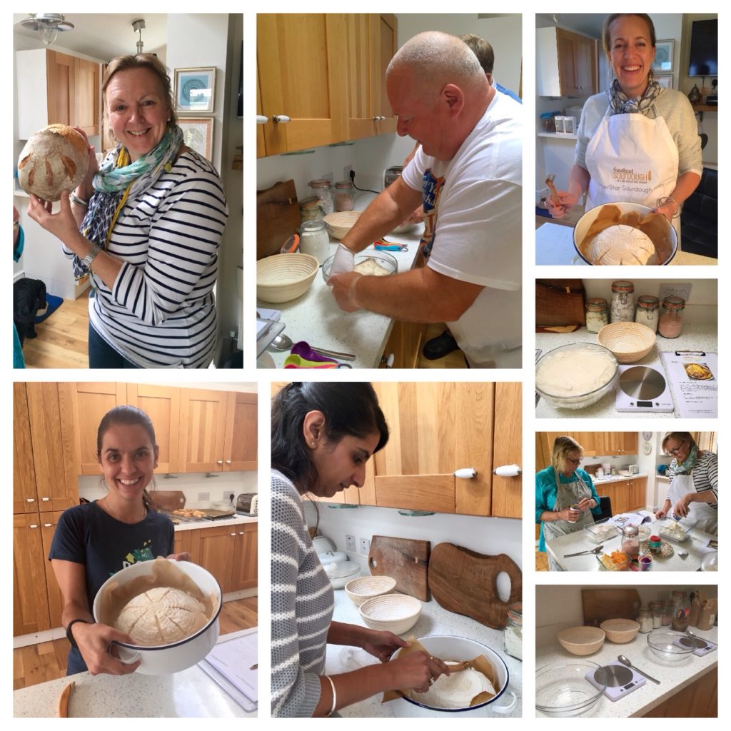 A collage of people making bread in the kitchen.