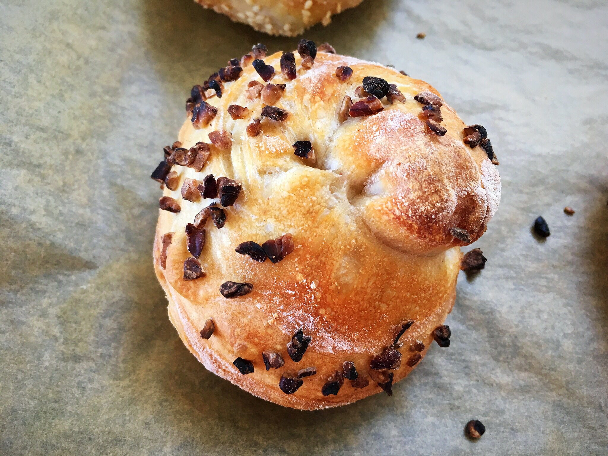 A close up of some bread on top of a table