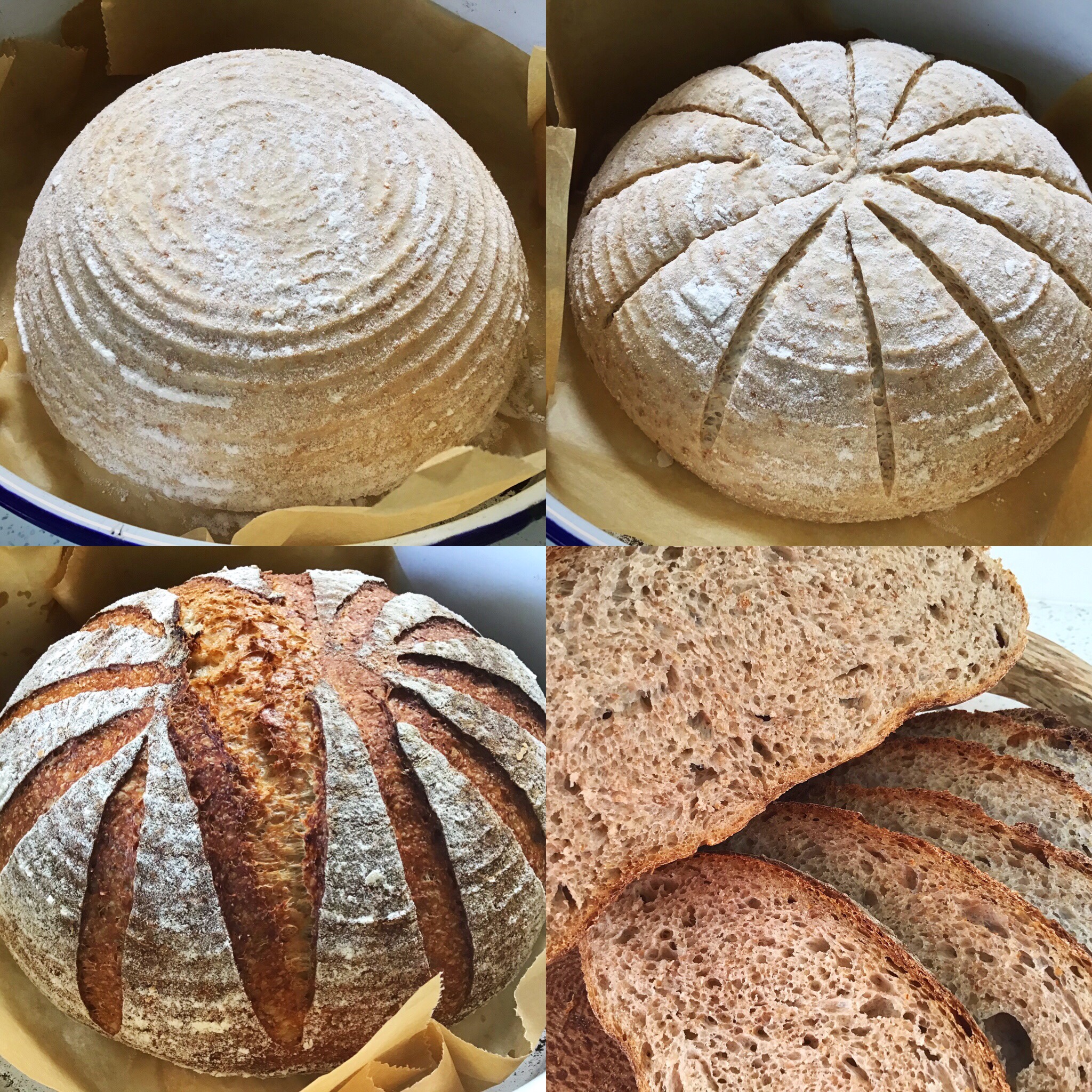 A collage of four pictures with bread in it.
