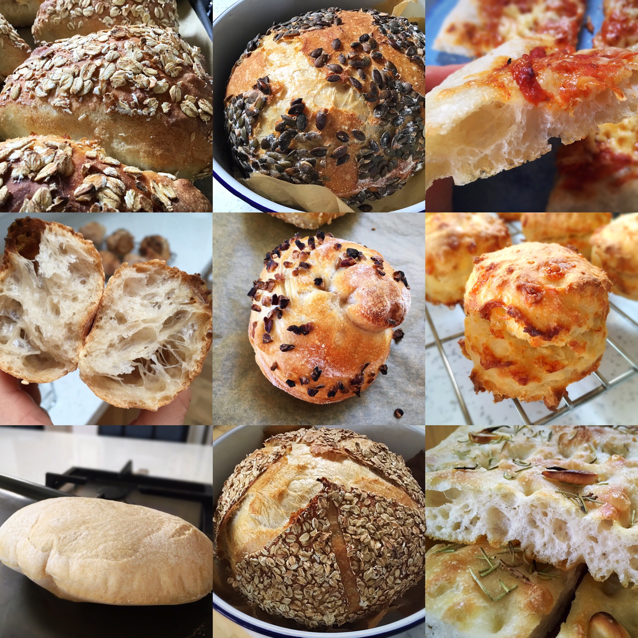 A bunch of different types of bread that are on the table