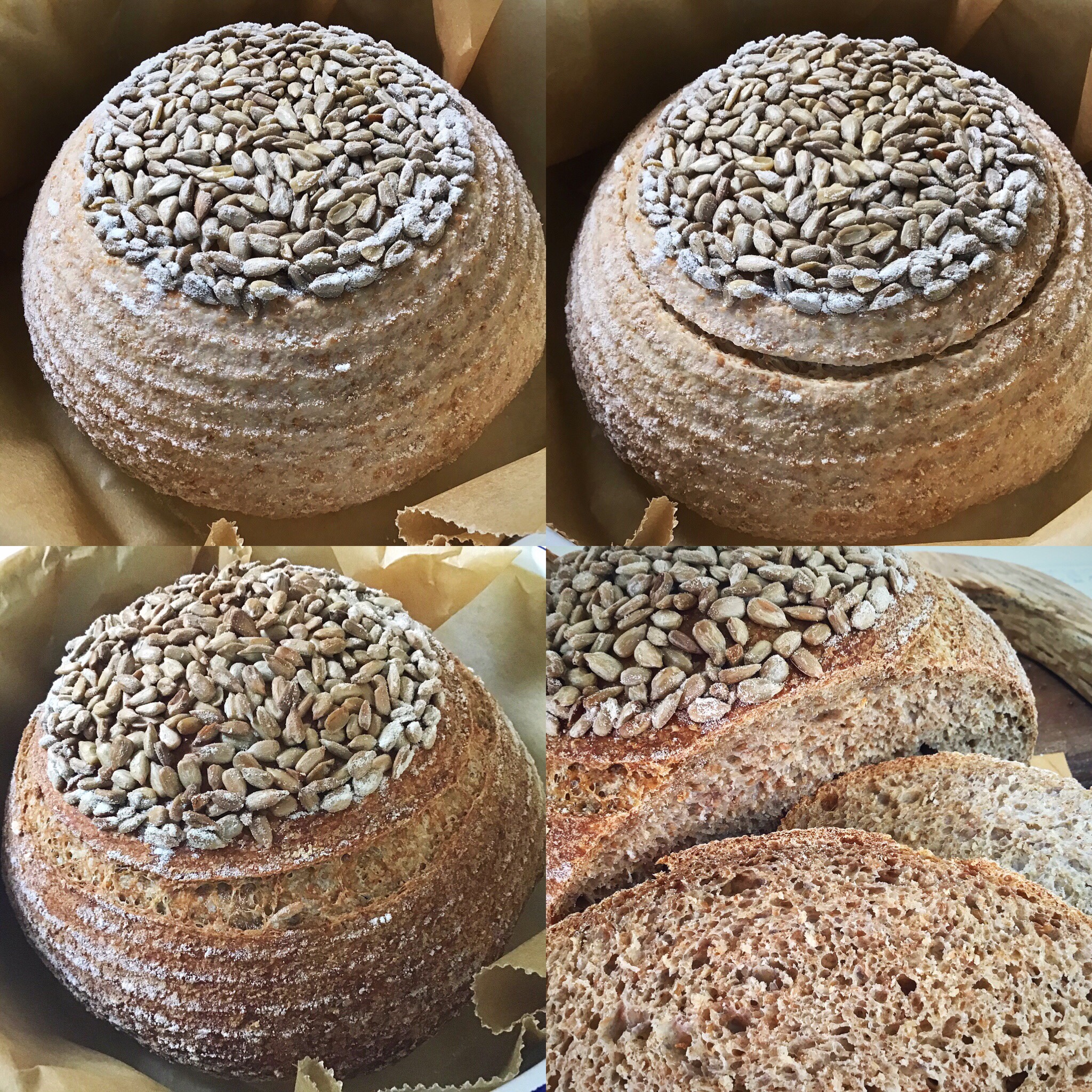 A collage of four different pictures with bread