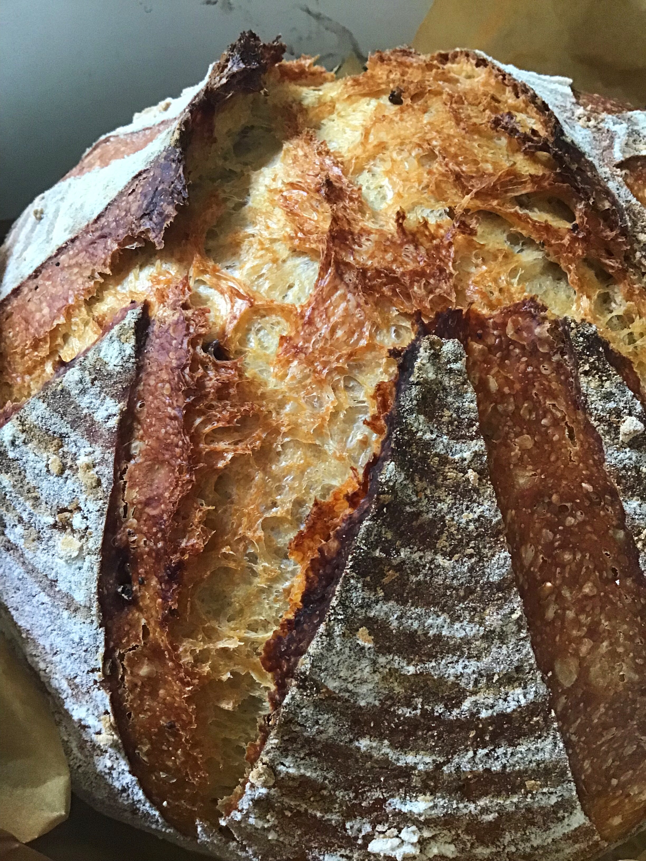 A loaf of bread with many different types of food.