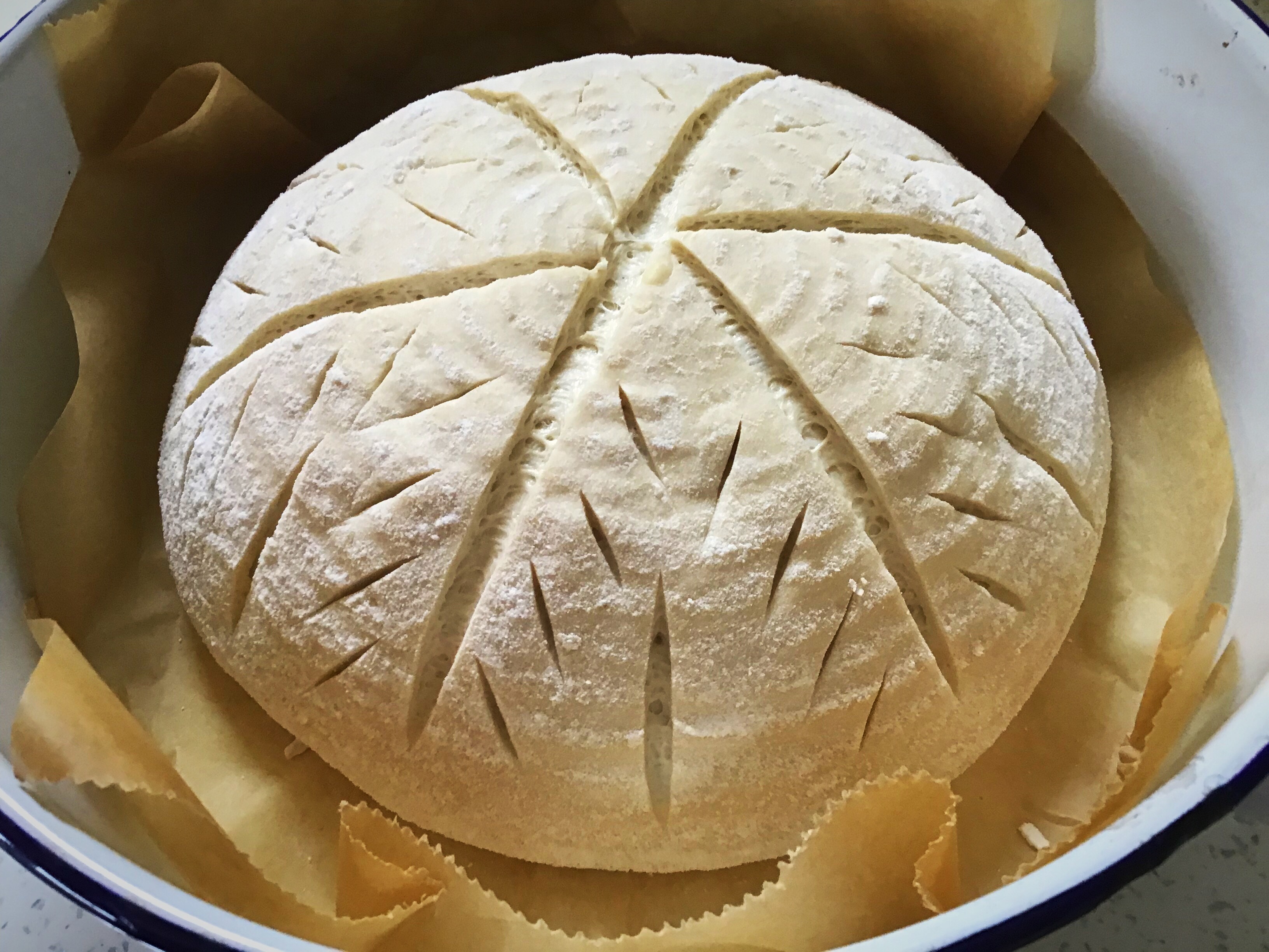 A ball of bread in the process of being baked.