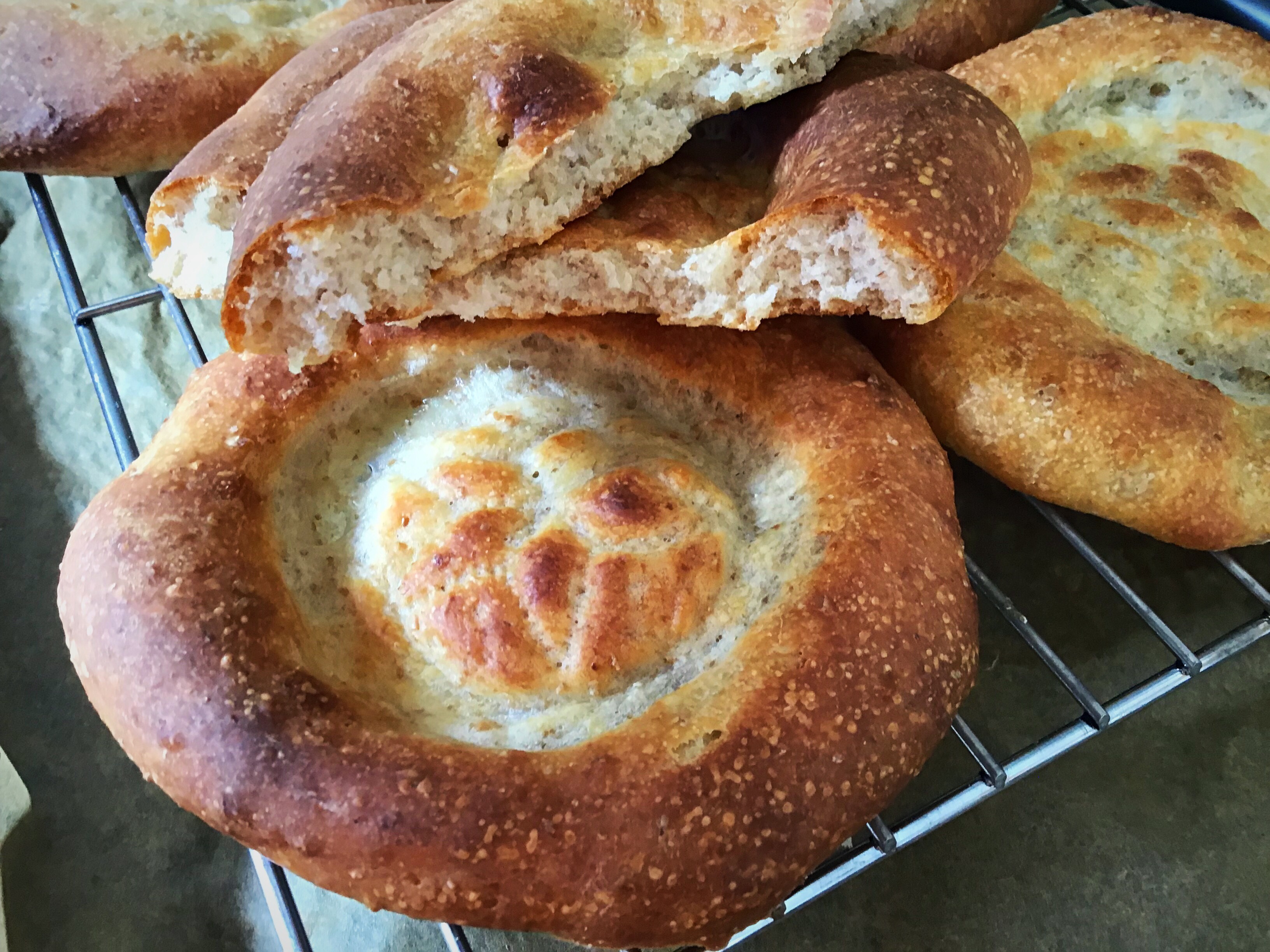 A close up of some bread on a rack