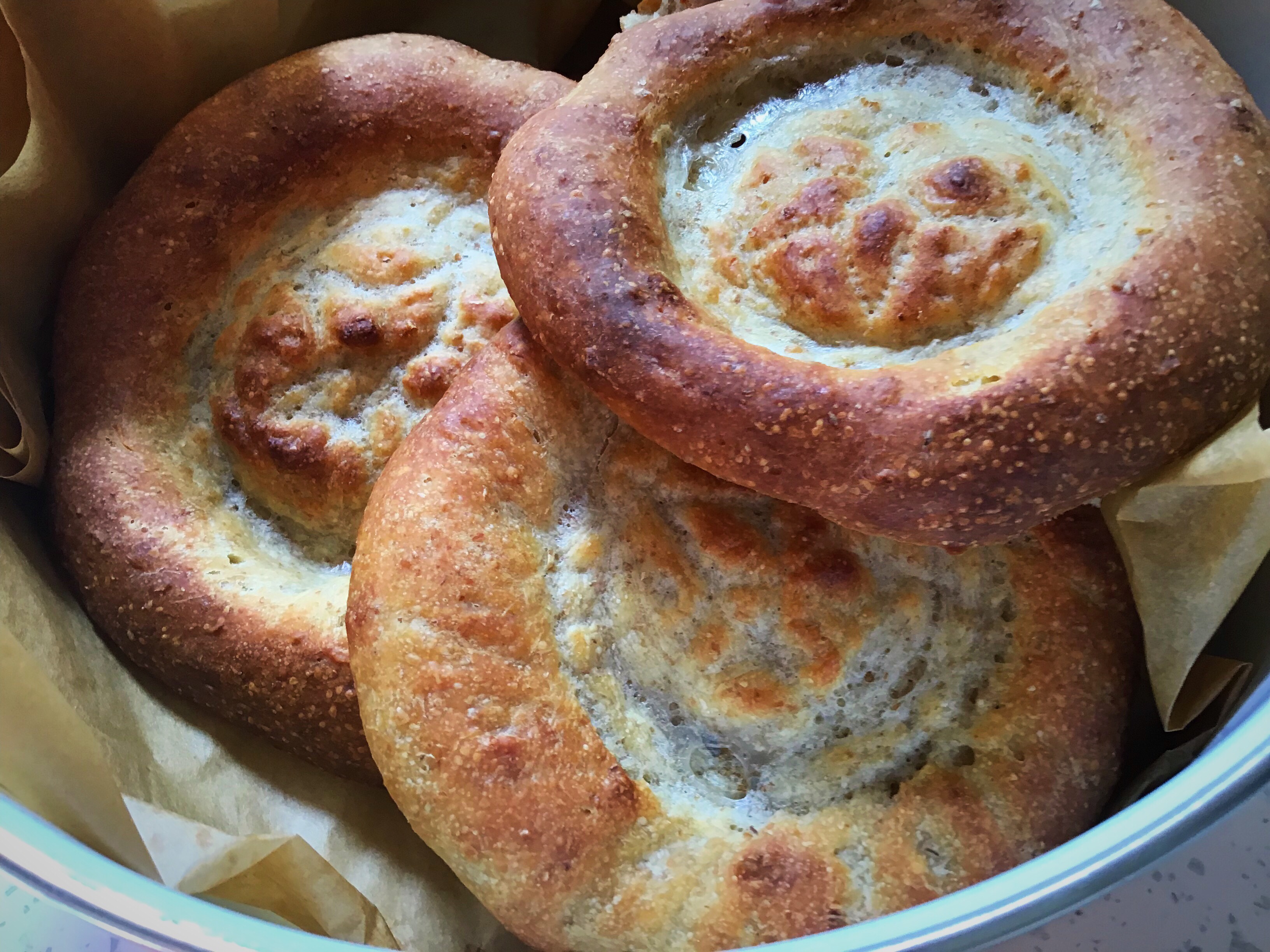A close up of some bread in a bowl