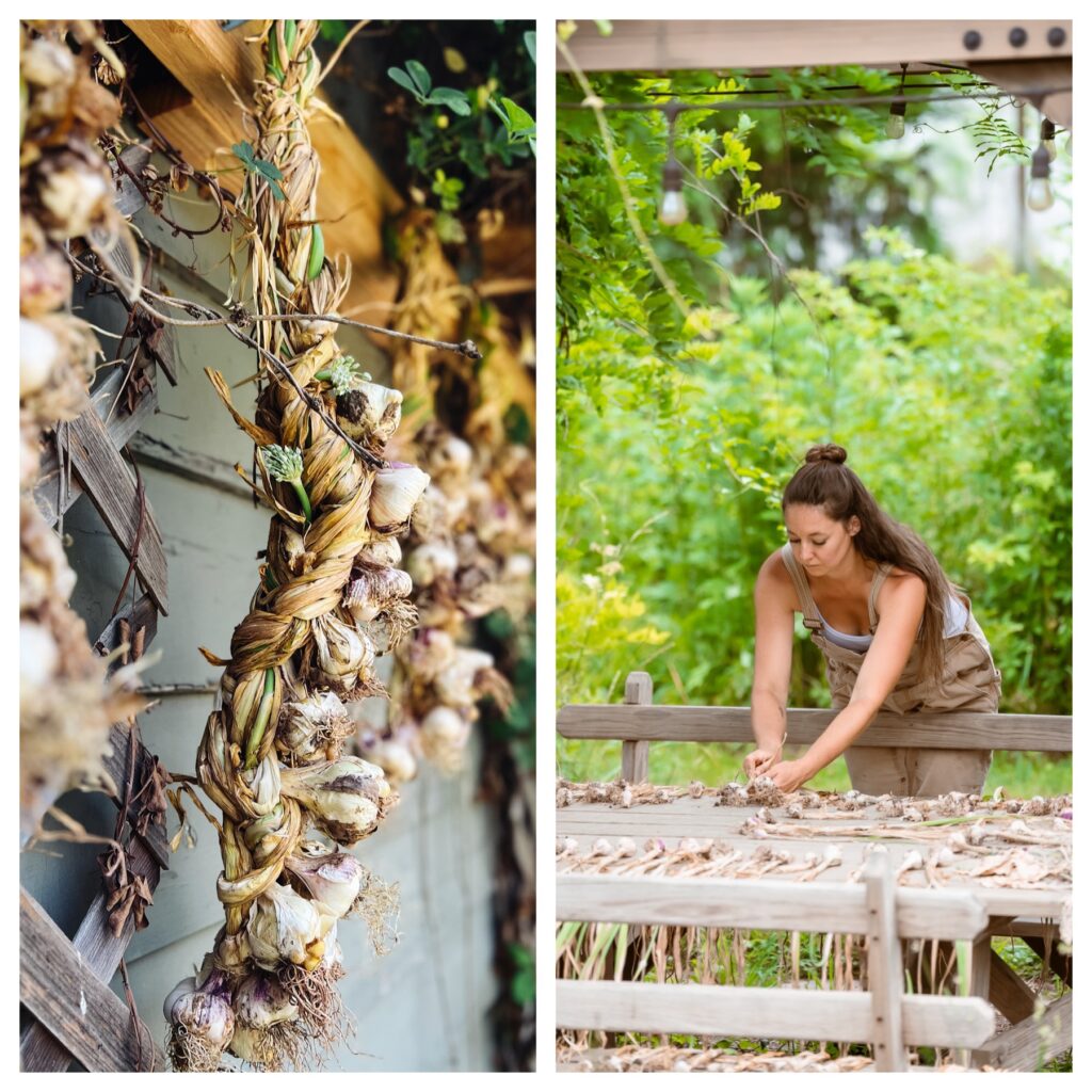 A woman is looking at the plants in her garden.